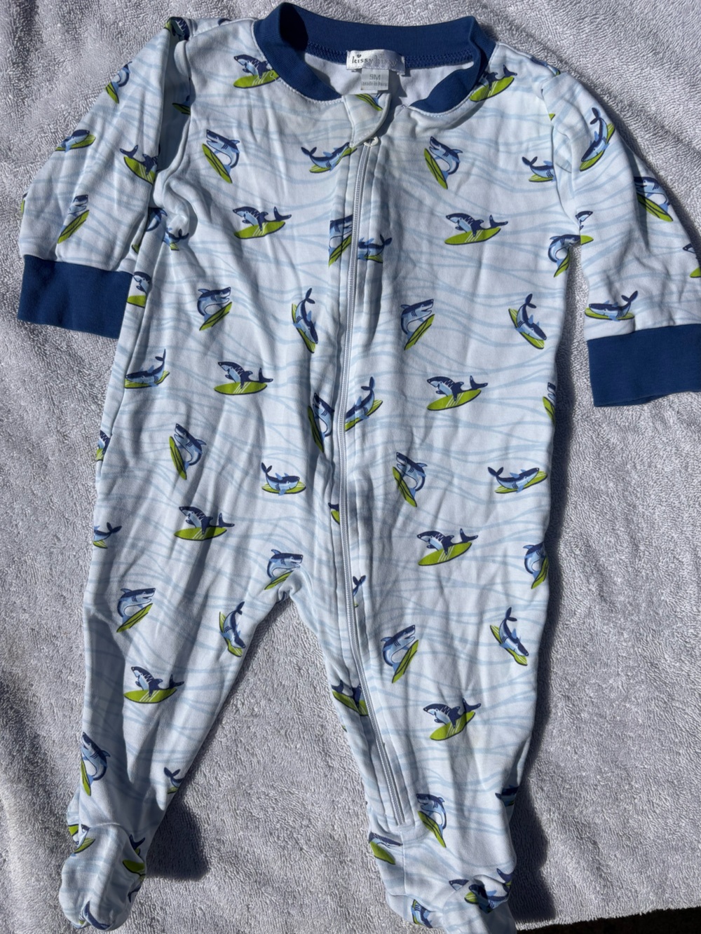 Kissy Kissy Navy and Lime Shark Print Footed Pajama